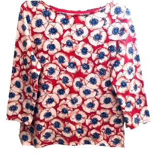 TALBOTS Blouse Size L Red White Blue Poppies Print Pull Over 3/4 Sleeves